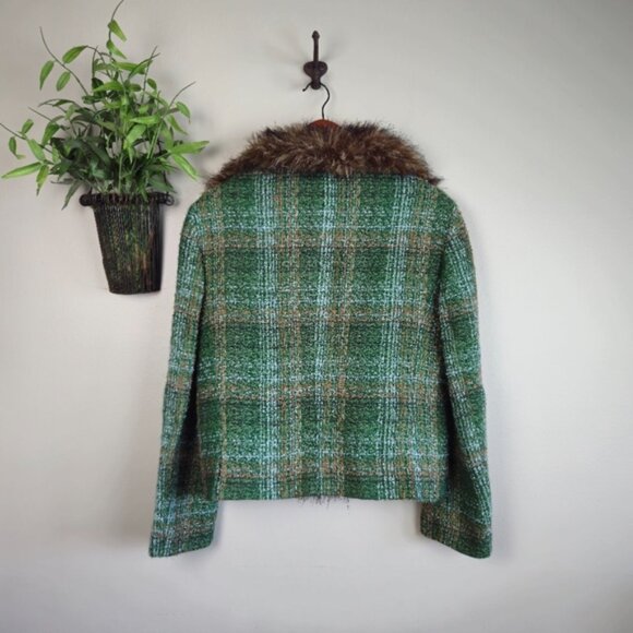 Vintage Harve Benard Fur Collared Trim Wool Blend Green Tweed Blazer Jacket 6 - Picture 14 of 15